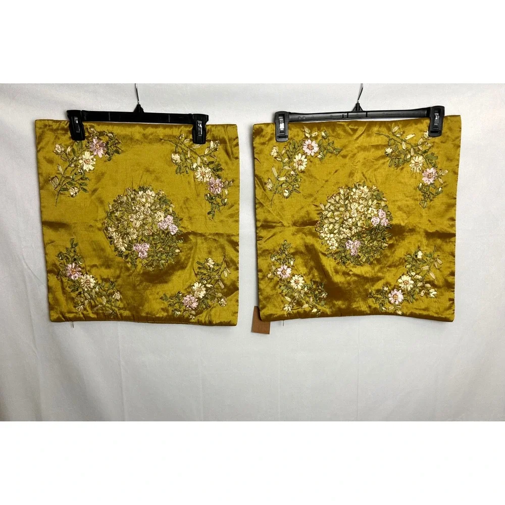 Huayu Set of 2 Gold Ribbon Embroidery Floral Pillow Covers 17.5x17.5 LH04-555